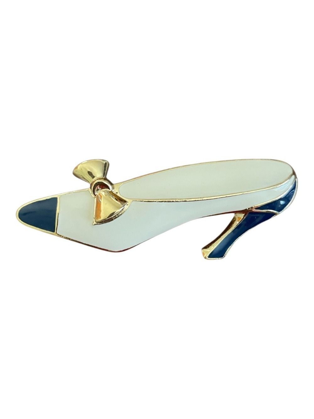 Vintage Trifari Cream & Navy Enamel Spectator Pump Shoe Brooch with Gold Accents